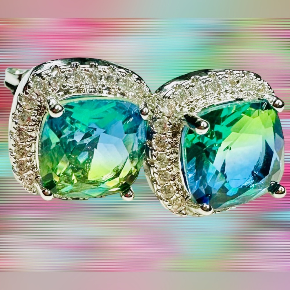 Blue Green Topaz 925 Sterling Cushion Stud Earrings CZ Halo - Picture 9 of 11